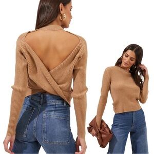 ASTR The Label Prescott Camel Ribbed Open-Back Sweater Size Small NWOT